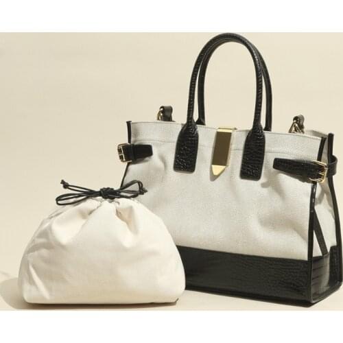 2021 New Cowhide Stitching Canvas Bag Large Capacity Handbag Beach Bag Shopping Bag