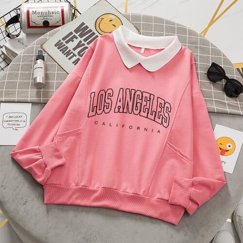 Los Angeles California Letter Graphic Hoodie Women Turn-down Collar Oversized Swearshirt Harajuku Hoodies Streetwear Pullovers