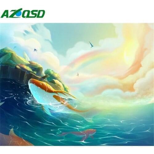 AZQSD Scenery Paint By Numbers Seaside Fish Wall Art 60x75cm Framed Hand Painted Canvas Oil Paintings Modern Living Room Decor