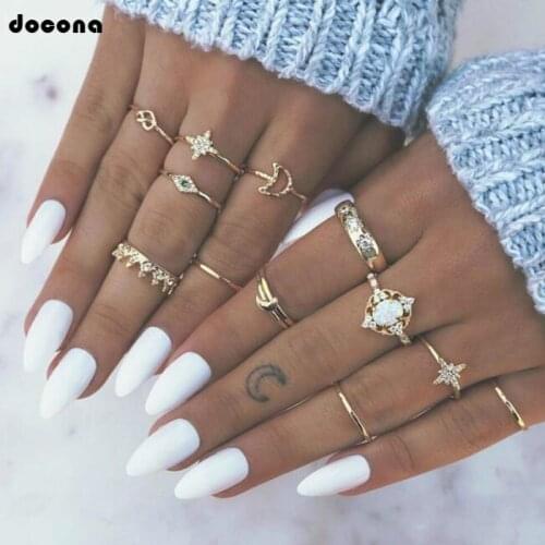 Doocna New Fashion Bohemia Crown Hollow Moon Shape Design White Crystal Gold Color Finger Rings For Women Ladies Jewelry 3377