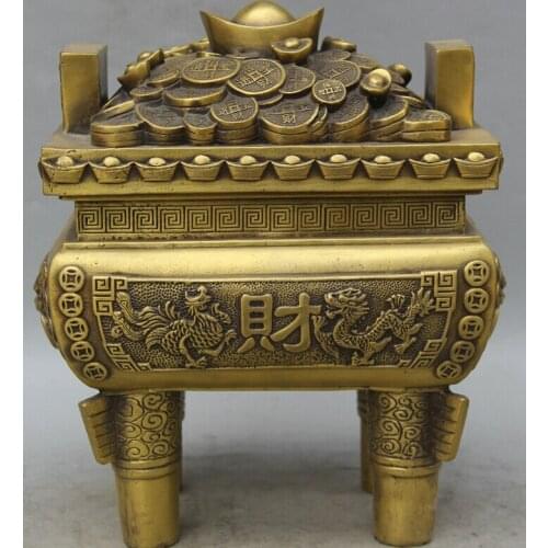 Collectible bronze S1960 12" Chinese Brass Wealth Money dragon Phoenix treasure bowl Heyday Zun Ding