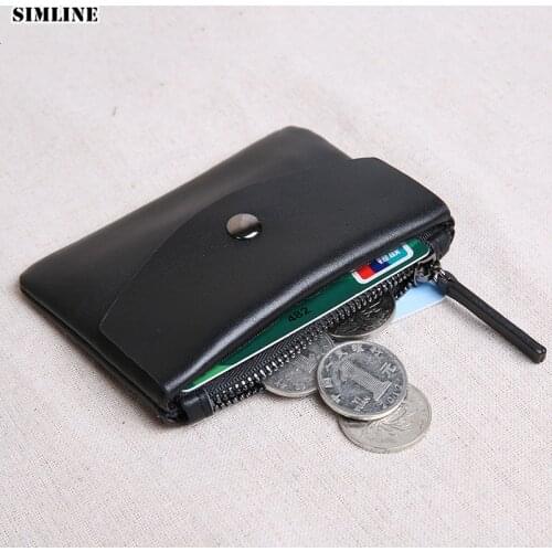 SIMLINE Genuine Leather Men Wallet Vintage Handmade Female Male Short Small Slim Wallets Coin Purse Card Holder Zipper Pocket