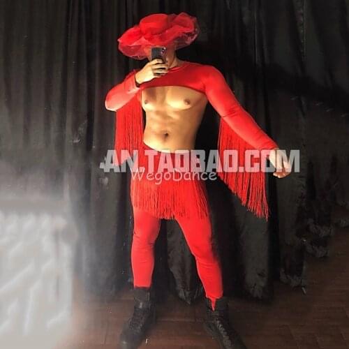 Red Tassel Jacket Mens Singer Bar Costume Nightclub Outfit top and pant set