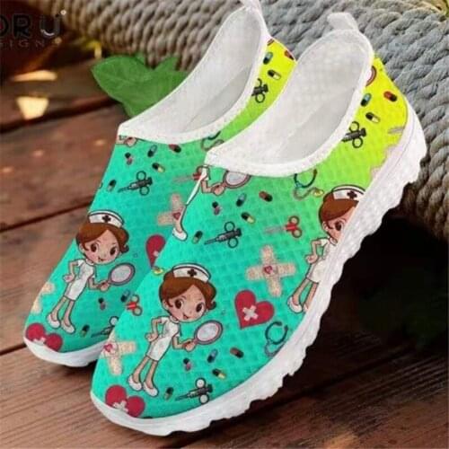 Nurse Doctor Print Women Sneakers Shoes Slip on Light Mesh Shoes Breathable Flats Shoes Halloween 35-43