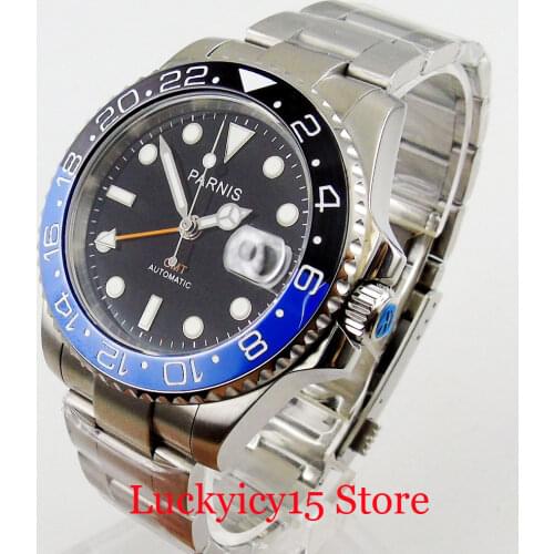 PARNIS Brand Sapphire Glass 40mm Date GMT Function Rotating Bezel Self Winding Men Wristwatch Mental Strap