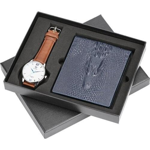 New Crocodile Pattern Short Wallets Leather Band Waterproof Quartz Wrist Watch for Dad Husband Mens Clock Gifts Set Reloj