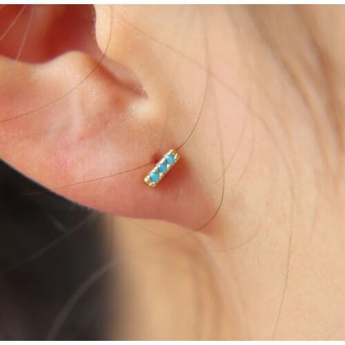 2017 new arrive cheap silver jewelry gold silver color pave 3 stone turquoises tiny cute bar girl simple earring