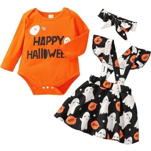 Toddler Babys Clothes Halloween Outfits Letters Long Sleeves Romper Cartoon Suspenders Skirt Hairband For Baby Girls 0-12Months