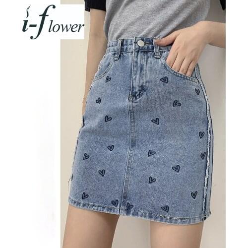 Casual Women Denim Skirts 2021 Fashion Streetwear A-line Skirt Front Zipper Heart Blue Jean Mini Skirts for Women