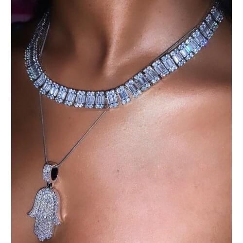 Drop ship hot sale Baguette cz Tennis necklace chain hip hop trand choker jewelry for women lady silver color necklace jewelry