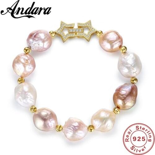 S925 Sterling Silver 100% Natural Colours Baroque Big 13-14mm Pearl Bracelet Fashion Jewelry Bracelets For Women