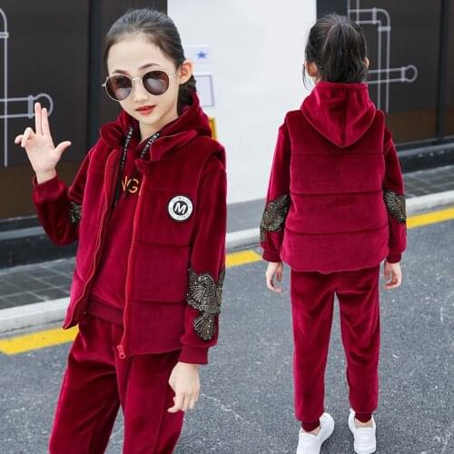 Russia Winter Girls Clothing Sets Hooded Warm Vest Jacket+Warm top Long Pants 3 Pieces Set Girl Cotton Coat With Hood 5-14 Years