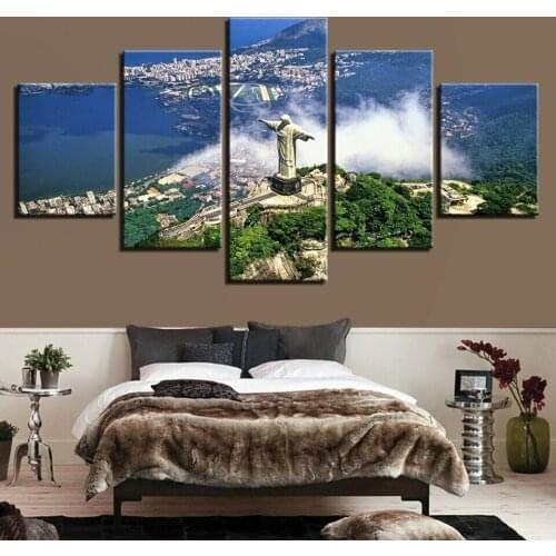 No Framed Rio De Janeiro Statue Big City 5 Panel Canvas Picture Print Wall Art Canvas Painting Wall Decor for Living Room