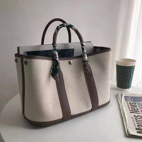 Large capacity new canvas with cowhide head bag garden party casual handbag one-shoulder color slant tote bag