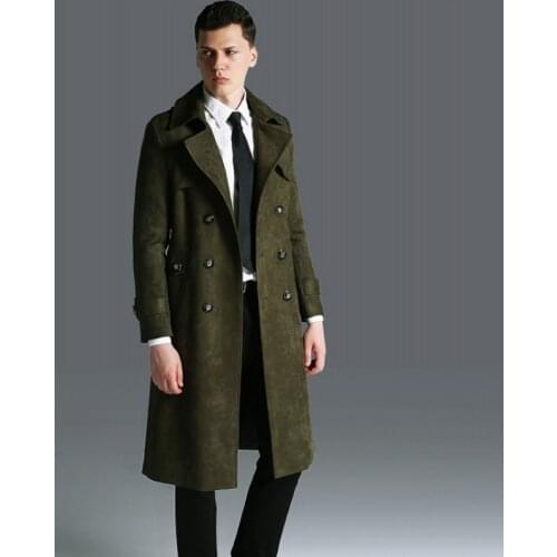 England Business Men Maxi Long Faux Suede Leather Trench Mantel Army Military Overcoat Slim Fit Windbreaker Coat Big Size 6XL