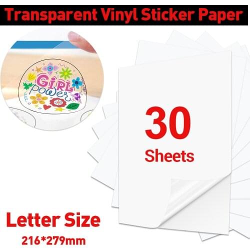 30 Sheets Sticker Paper Printable Letter Size Vinyl Sticker Paper Transparent Vinyl Label Waterproof DIY Copy Craft Paper Inkjet