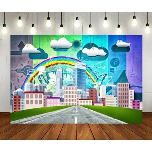 Photo Studio Props Photography Backdrop Cartoon With Modern City Landmarks Baby Kids Birthday Party Decoration Vinyl Background