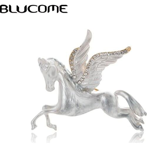 Blucome White Miracle Lucky Horse Wings Brooches For Women Kids Enamel Alloy Animal Rhinestone Crystal Banquet Party Brooch Pin