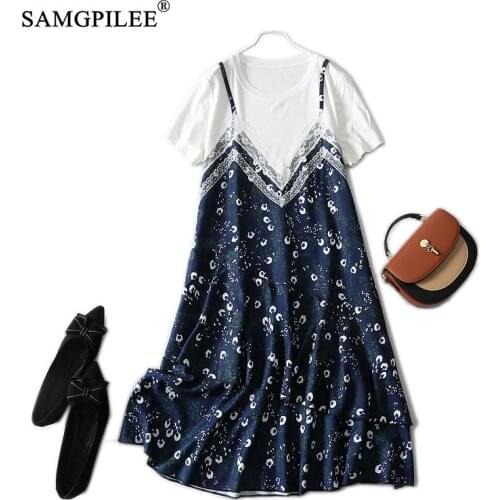 Summer 2021 Elegant Retro Fake Two-piece Cake Dress Women Light Luxury Knee Length Denim Color O Neck Loose Dresses Plus Size