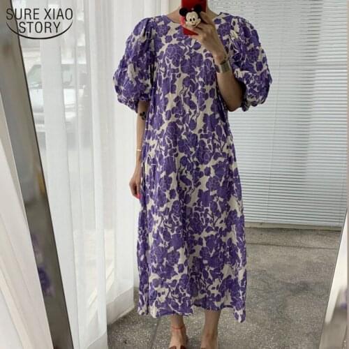 Summer New Robe Femme O Neck Puff Sleeve Dress Women Casual Loose Floral Printed Dresses Female Korean Vintage Vestidos 14280
