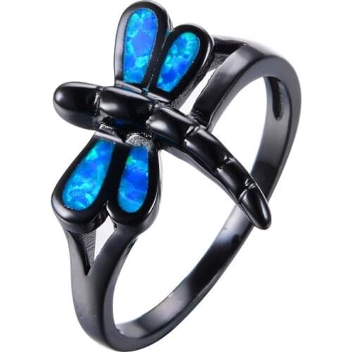Boho Female Blue Fire Opal Stone Ring Vintage 14KT Black Gold Wedding Ring Promise Small Dragonfly Engagement Rings For Women