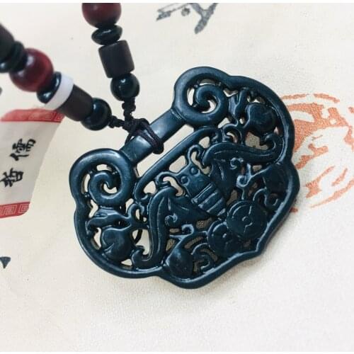 Zheru natural and Tian Moyu carved black openwork bat lock pendant with sandalwood beads necklace men and women sweater chain
