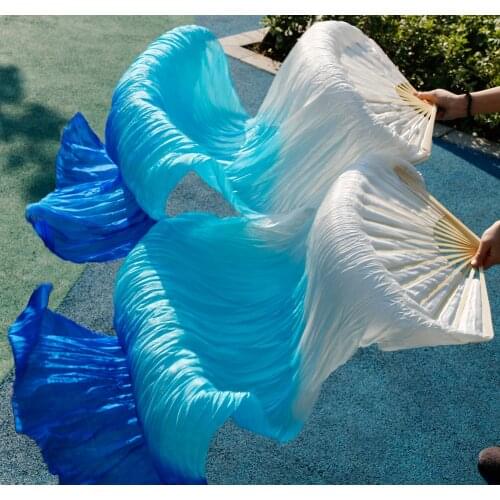 2018 female high quality Chinese silk veils dance fans Pair of belly dancing fans cheap hot sale White+ sky blue +blue