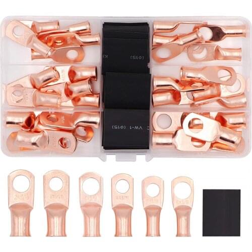 60PCS 3/8" 5/16" Ring Bare Copper Crimp Butt Terminals Cable Electrical Wire Splice Connnectors Lugs Kit Assortment 2/4/6AWG