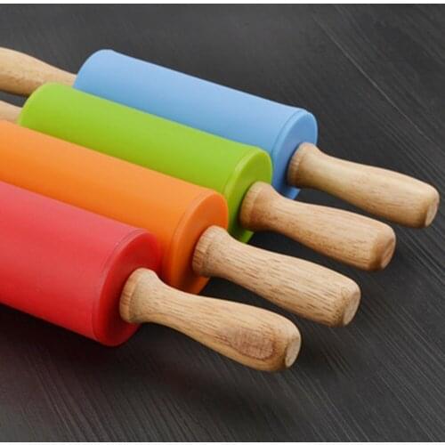 Non-Stick Silicone Rolling Pin Wooden Handle Pastry Dough Flour Roller Kitchen Baking Cooking Tools Household Christmas Cake
