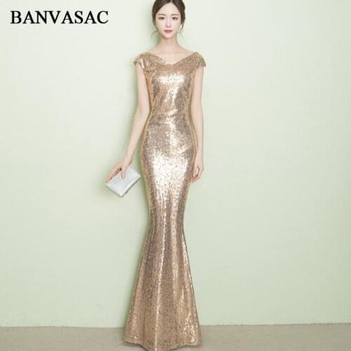 BANVASAC 2018 V Neck Sequined Mermaid Long Evening Dresses Elegant Party Short Cap Sleeve Illusion Backless Prom Gowns