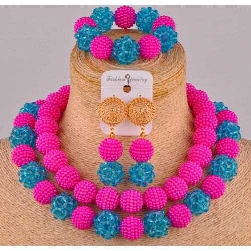 Elegant Fuchsia Pink and Lake Blue Costume African Jewelry Set FZZ96-06