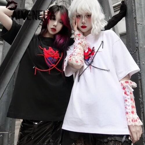 Harajuku Gothic Girls Women Loose T-shirt Punk Girl Short Sleeve Embroidery Chain Tops T-shirts AFC1089