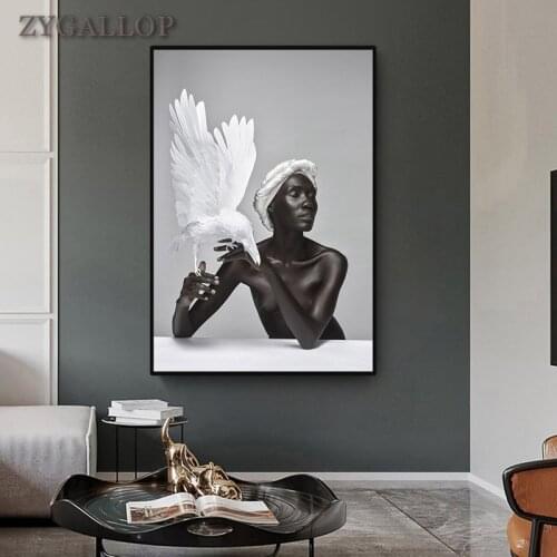 Nude African Woman Canvas Poster Feather and Black Women Oil Painting Scandinavian Decorative Picture for Living Room Wall Decor