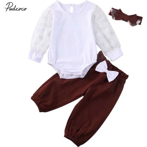 2020 Princess 0-24M Newborn Baby Girl Clothes Sets Dot Tulle Long Sleeve Top Romper Bow Pants Trouser 3Pcs Outfits Spring Set