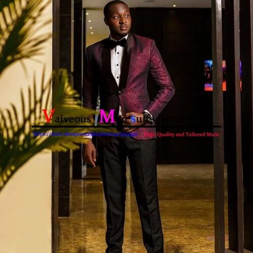 Traje Hombre Mens Suit Retro Jacquard 2 Piece Burgundy Wedding Groom Tuxedo Formal Business Blazer Costume Homme (Jacket+Pants)