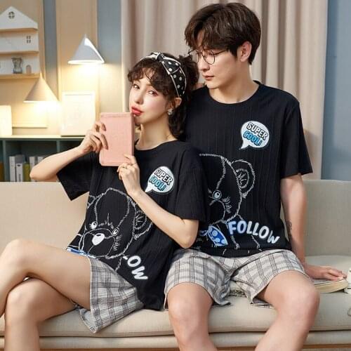 Summer Mens Loose Short Sleeve Cotton Homewear Fashion Black Cartoon Couple Sleepwear Korean Kawaii Plaid Maiden Pajamas Sets
