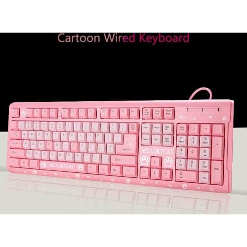 Cute Cartoon Helloktcat Pink Wired Keyboard For Girl Women Ergonomic Gaming Computer 104 Key USB Keypad For PC Laptop
