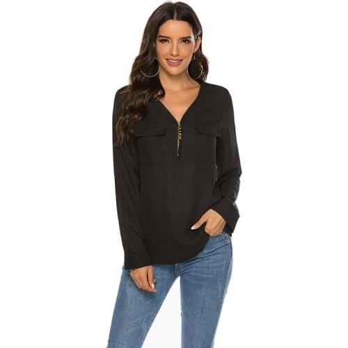 Women Shirts Blouse Womens Tops and Blouses Casual Tee Shirts Tops Female Clothes Fashion Zipper Long Sleeve Sexy V Neck Solid