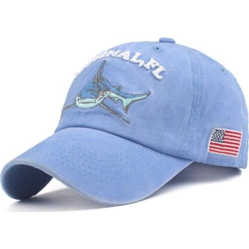 Washed Cotton Men Baseball Cap Embroidery Letters Shark Cap Snapback Hat for Women Men Hat Casual Adjustable Retro Cap