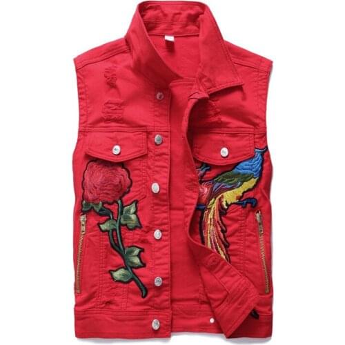 New Fashion Army Green Red Cowboy Streetwear Embroidery Denim Cotton Vests Men Button Fly Jeans Sleeveless Jacket Male,573