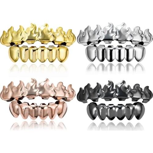 Gold Color Plated HIP HOP Teeth Grillz Flame Leaf Top Bottom Grill Set silicone Vampire teeth Christmas Gift Punk Grillz Dental