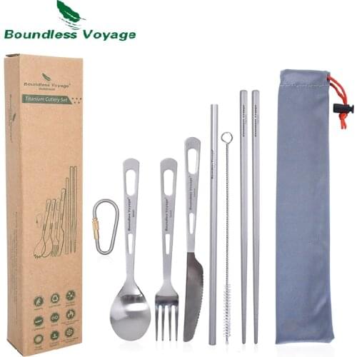 Boundless Voyage Titanium Tableware Set Spoon Fork Knife Spork Chopsticks Straw Outdoor Camping Cutlery Travel Daily Flatware