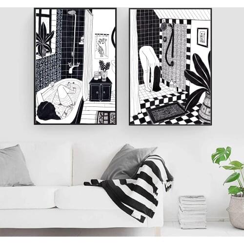 She Likes To Do Yoga In The Shower Canvas Print Art Canvas Painting Cartoon Black White Wall Pictures for Living Room Home Decor