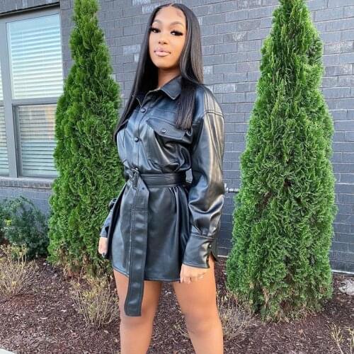 TNNAOFF Sexy Pu Leather Trench Coat for Women Fall Winter Clothing Fashion Streetwear Long Sleeve Button Bandage Black Jackets