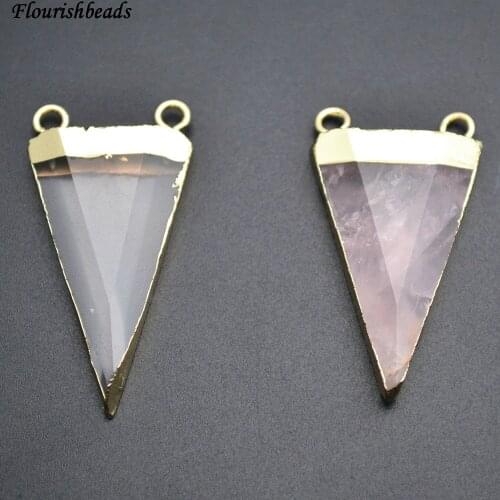 Natural Rose Quartz and Crystal Triangle Shape Two Loops on Top Stone Pendants