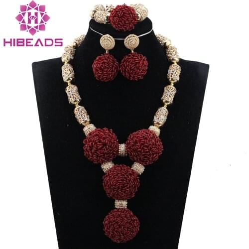 Luxury Wine Burgundy Dubai Bridal Women Jewelry Set Burgundy Beaded African Costume Jewelry Set for Nigerian Wedding WE024