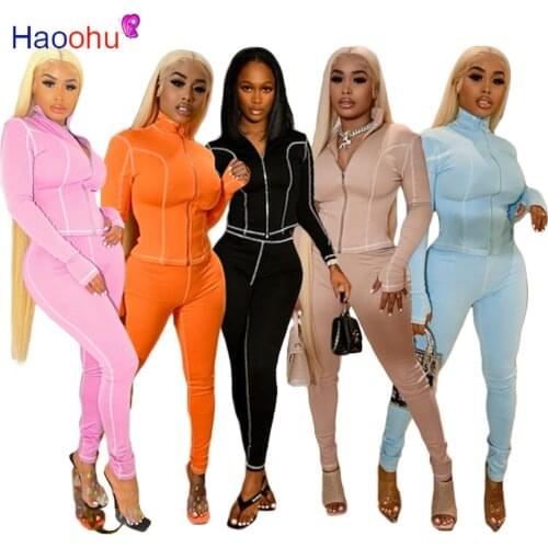HAOOHU Sweatsuit Womens Set Striped Jacket Tops Legging Pants Suit Streetwear Sport Tracksuit Two Piece Set Fitness Outfit