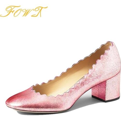 Career Work Med Chunky Heel Patent Leather Pumps Woman Roun Toe 2021 Autumn Waven Endge Style Slip On Female Heels Size 4-16