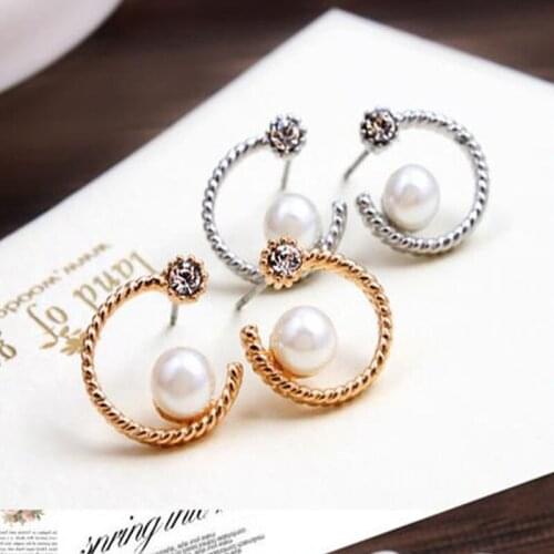Womens fashion stud earrings with rhinestone design gold and silver plated pearl earring half-moon-shaped earring (#ER050)