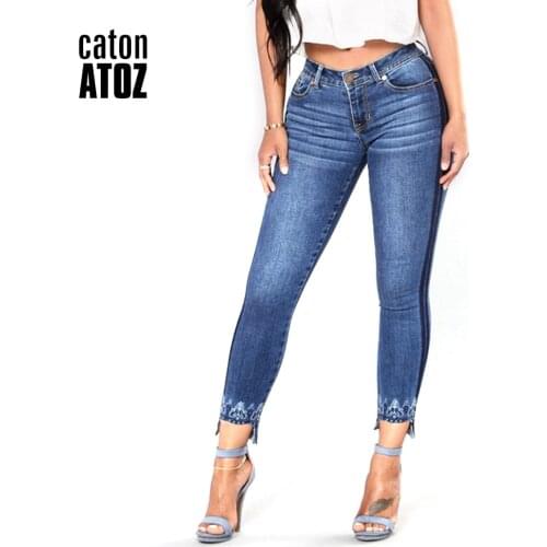 CatonATOZ 2138 women`s side striped push up jeans for Female embroidery stretchy uneven hem skinny Jeans Pants for woman